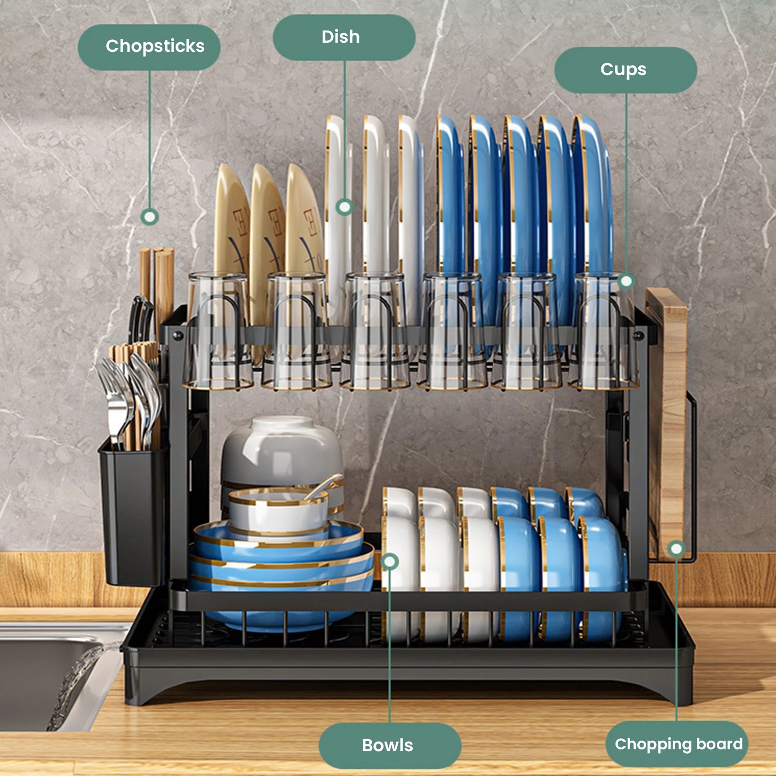 2 Layers Dish Drying Rack With Drainboard Household Dish Storage Holder Carbon Steel Sink Kitchen Organizer with Cutlery Holder