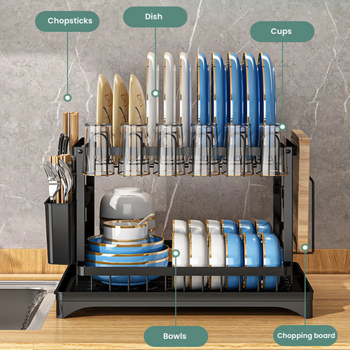 2 Layers Dish Drying Rack With Drainboard Household Dish Storage Holder Carbon Steel Sink Kitchen Organizer with Cutlery Holder