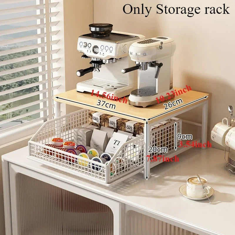 2 Tier Stylish Microwave Organizer with Built-In Drawers, Multi-use Countertop Storage Rack, Decorative Kitchen Furniture to Keep Cooking Area Neat and Organized