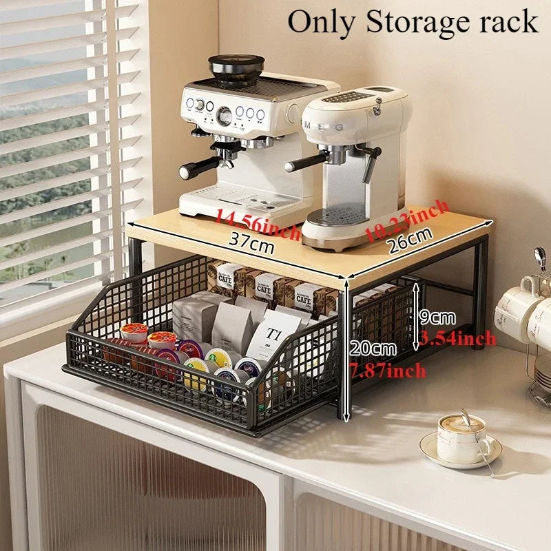 2 Tier Stylish Microwave Organizer with Built-In Drawers, Multi-use Countertop Storage Rack, Decorative Kitchen Furniture to Keep Cooking Area Neat and Organized