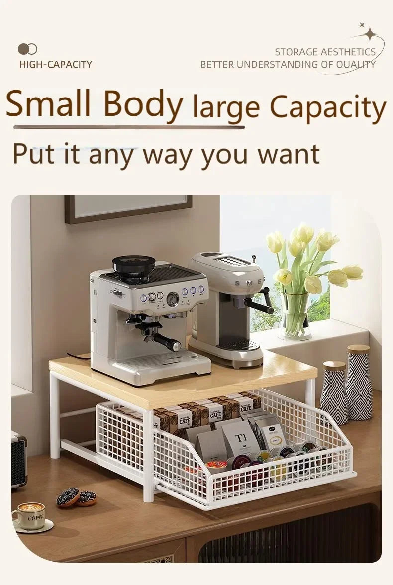 2 Tier Stylish Microwave Organizer with Built-In Drawers, Multi-use Countertop Storage Rack, Decorative Kitchen Furniture to Keep Cooking Area Neat and Organized