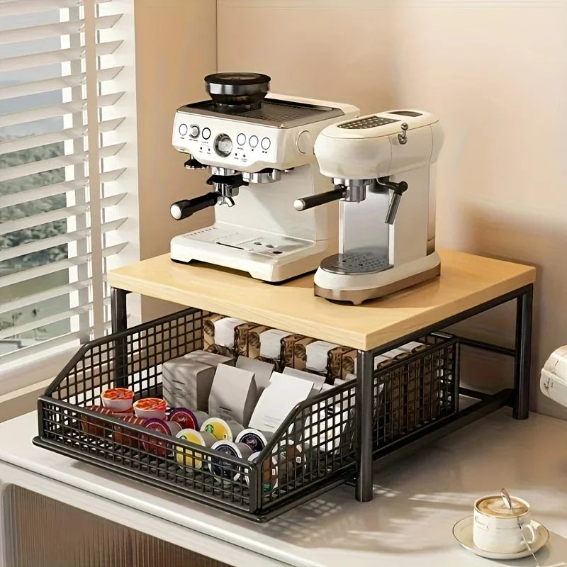 2 Tier Stylish Microwave Organizer with Built-In Drawers, Multi-use Countertop Storage Rack, Decorative Kitchen Furniture to Keep Cooking Area Neat and Organized