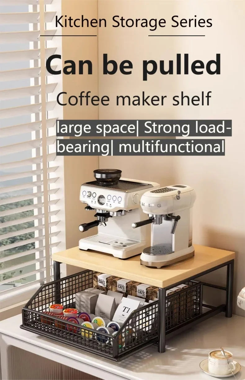 2 Tier Stylish Microwave Organizer with Built-In Drawers, Multi-use Countertop Storage Rack, Decorative Kitchen Furniture to Keep Cooking Area Neat and Organized