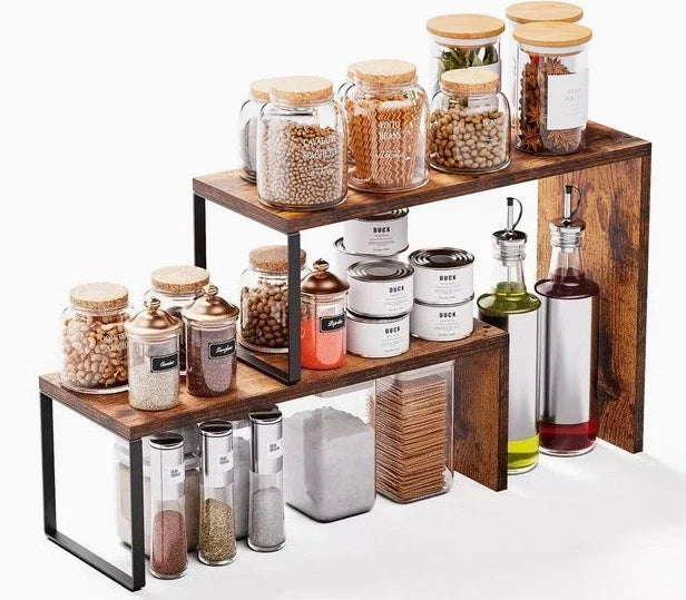 2 Tier Expandable Kitchen Countertop Organizer, Rustic Wood Spice Rack Storage Shelf, Metal Frame Cabinet Organizer for Pantry, Bathroom & Office