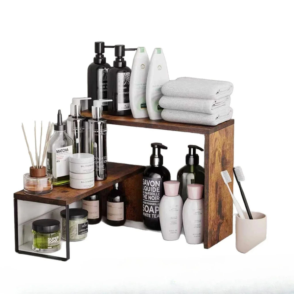 2 Tier Expandable Kitchen Countertop Organizer, Rustic Wood Spice Rack Storage Shelf, Metal Frame Cabinet Organizer for Pantry, Bathroom & Office
