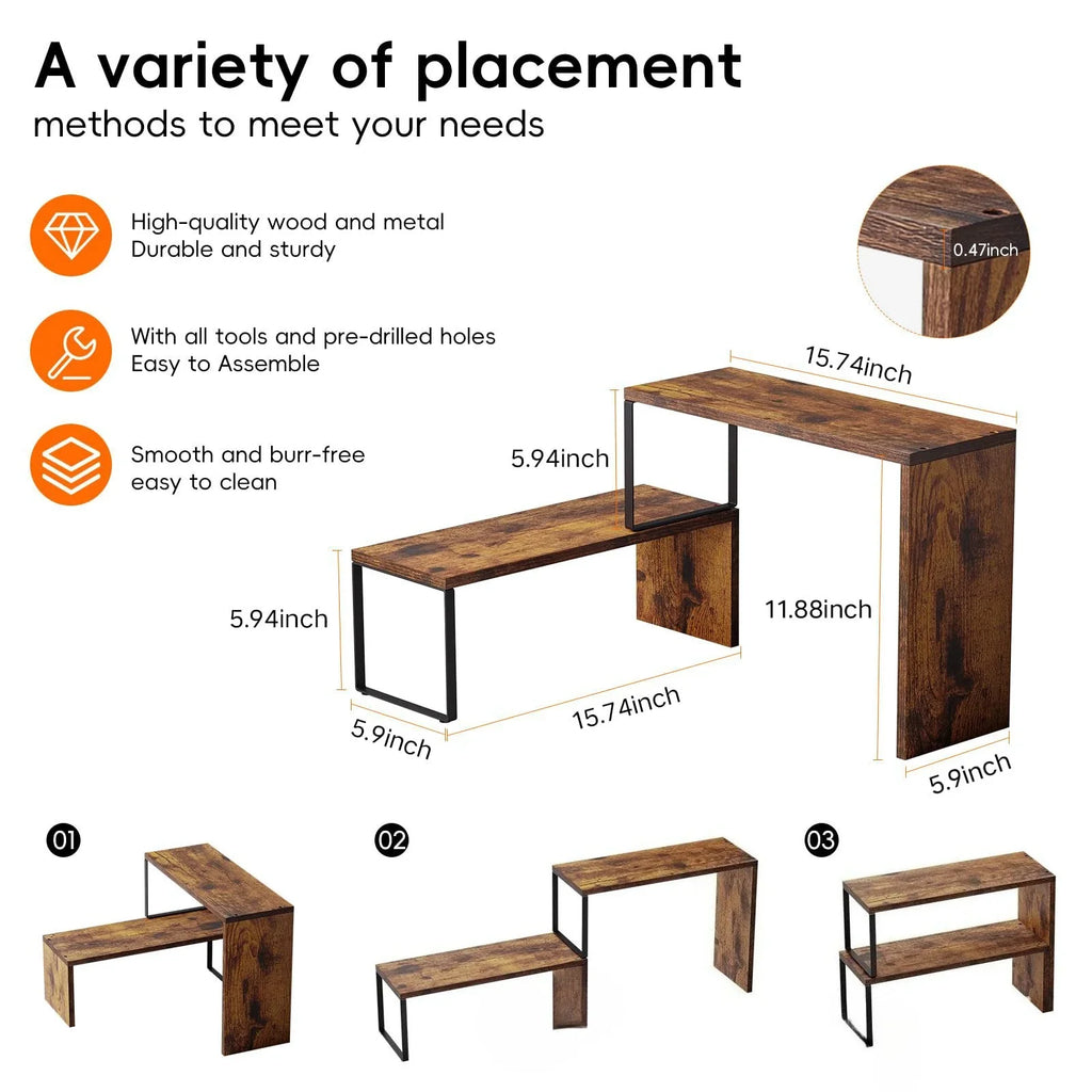 2 Tier Expandable Kitchen Countertop Organizer, Rustic Wood Spice Rack Storage Shelf, Metal Frame Cabinet Organizer for Pantry, Bathroom & Office
