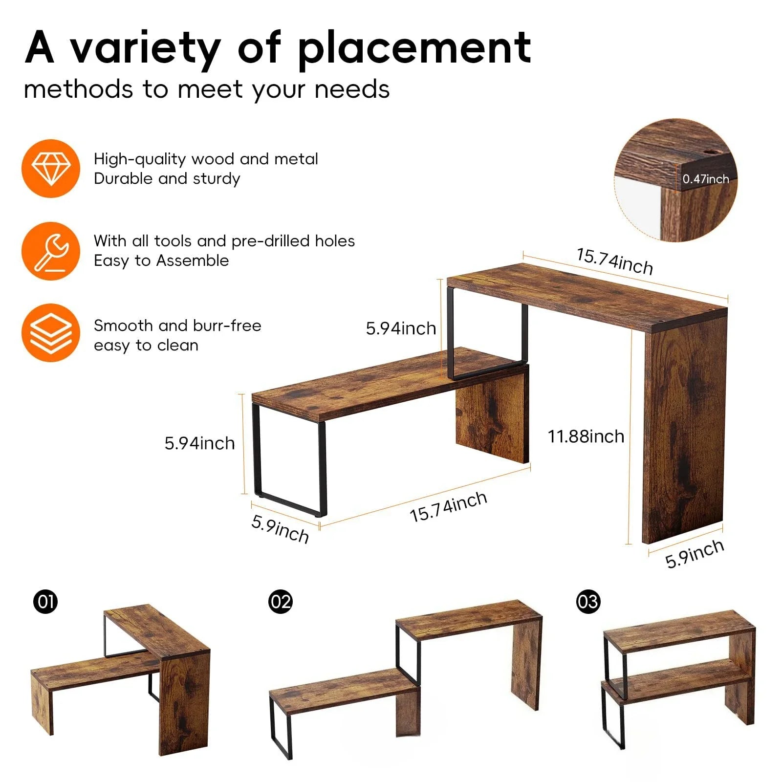 2 Tier Expandable Kitchen Countertop Organizer, Rustic Wood Spice Rack Storage Shelf, Metal Frame Cabinet Organizer for Pantry, Bathroom & Office
