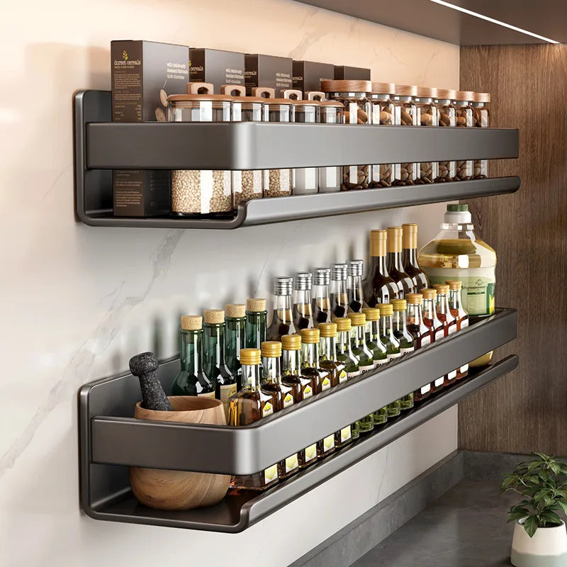 kitchen Stainless steel storage rack no punching bathroom wall shelf Seasoning bottle storage kitchen accessories organizer