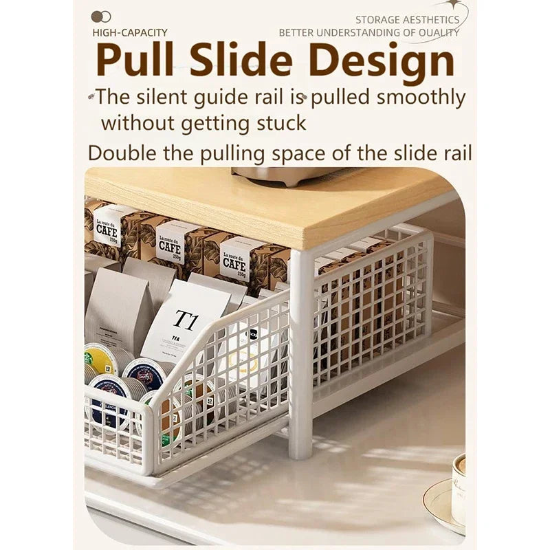 2 Tier Stylish Microwave Organizer with Built-In Drawers, Multi-use Countertop Storage Rack, Decorative Kitchen Furniture to Keep Cooking Area Neat and Organized