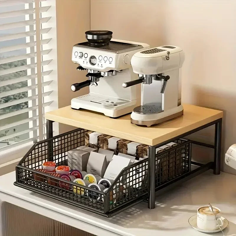2 Tier Stylish Microwave Organizer with Built-In Drawers, Multi-use Countertop Storage Rack, Decorative Kitchen Furniture to Keep Cooking Area Neat and Organized
